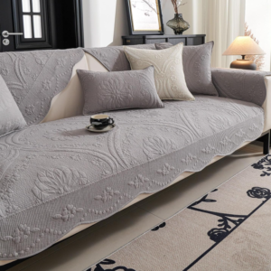 Cotton Quilted Sofa Cover with Floral Embroidery and Scalloped Edges