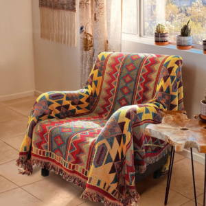 Reversible Woven Bohemian Throw Cover with Colorful Decorative Patterns