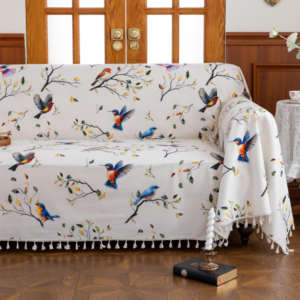 Bohemian Three-Seater Sofa Cover with Bird Patterns and Tassel Details